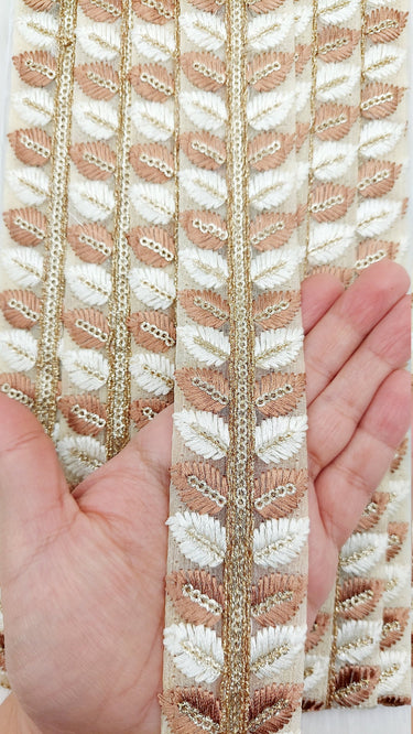 9 Yards Tissue Embroidered Trim, Leaves Embroidery Decorative Trim, Indian Sari Border